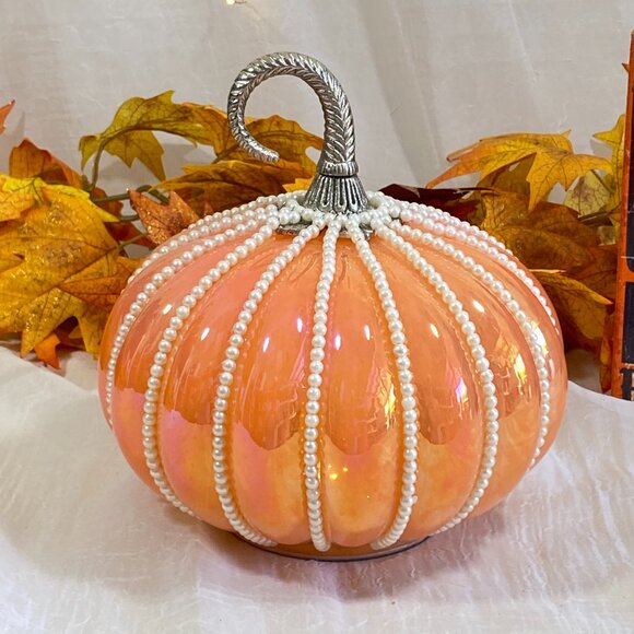 Stunning Rachel Zoe Opal Orange Glass Pumpkin Caged Faux Pearls LED Lighted New